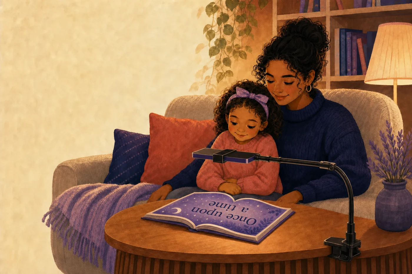 A parent and child listening together while a phone mounted above their open book detects each page turn