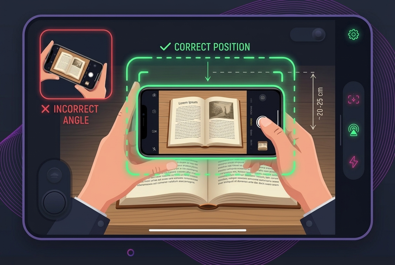 A phone held horizontally and level above an open book, with the complete page spread visible in the camera