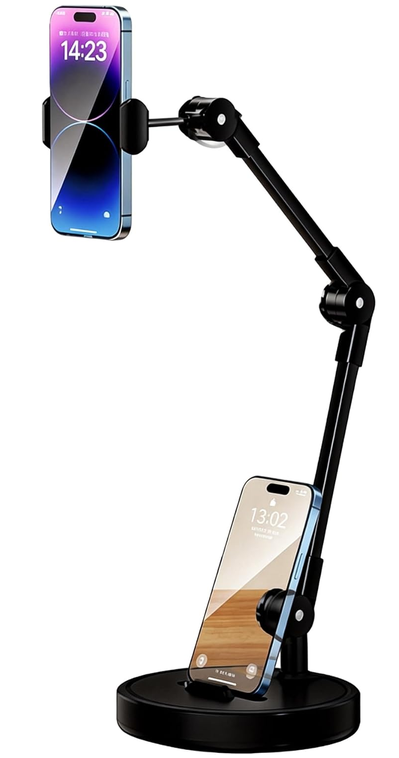 Desktop phone stand with a weighted round base and adjustable articulated arm