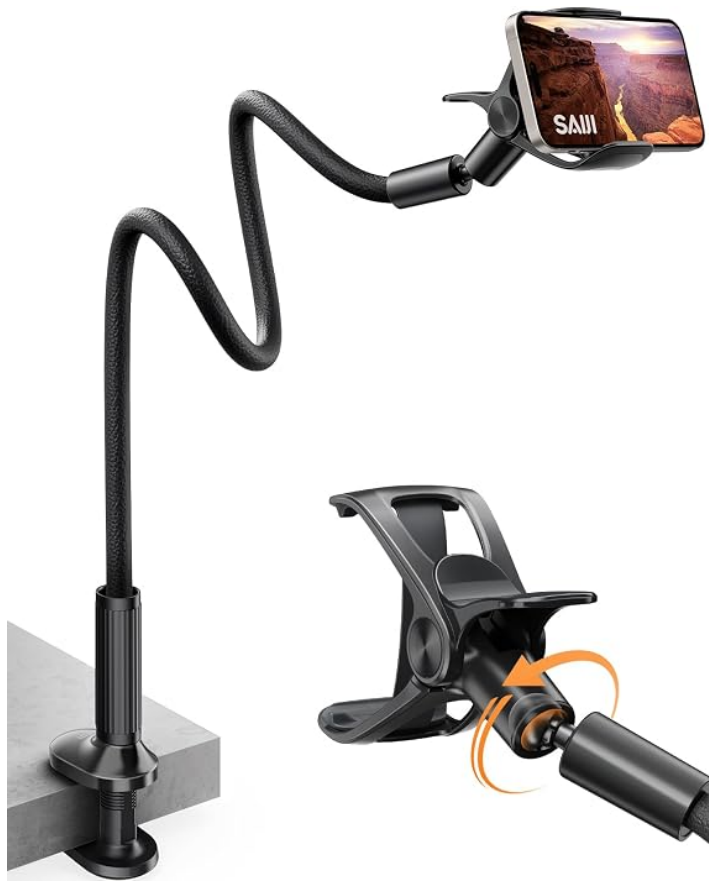 Flexible phone stand with a sturdy table clamp and bendable arm