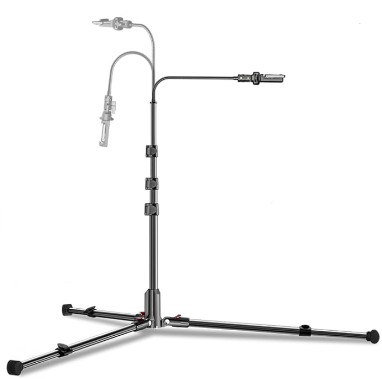 Overhead floor tripod phone mount with adjustable height and gooseneck arm